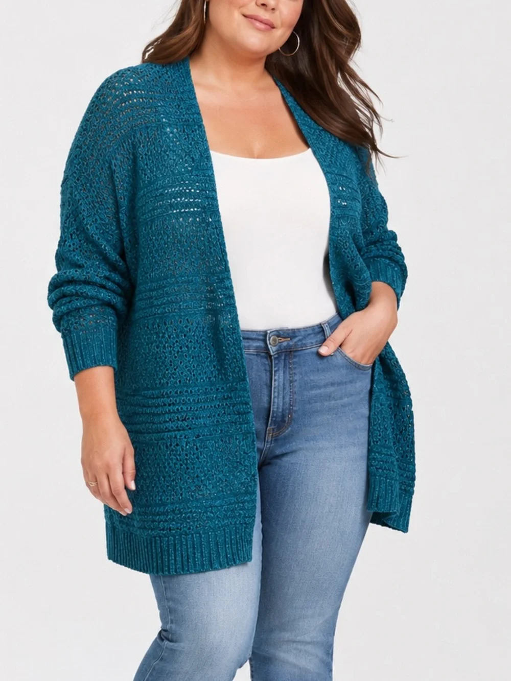 Lane Bryant Open Knit Chenille Cardigan Teal Blue Sparkle 22/24 Plus Size